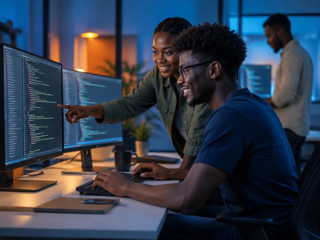 Développeurs Amosiace travaillant ensemble sur du code devant plusieurs écrans