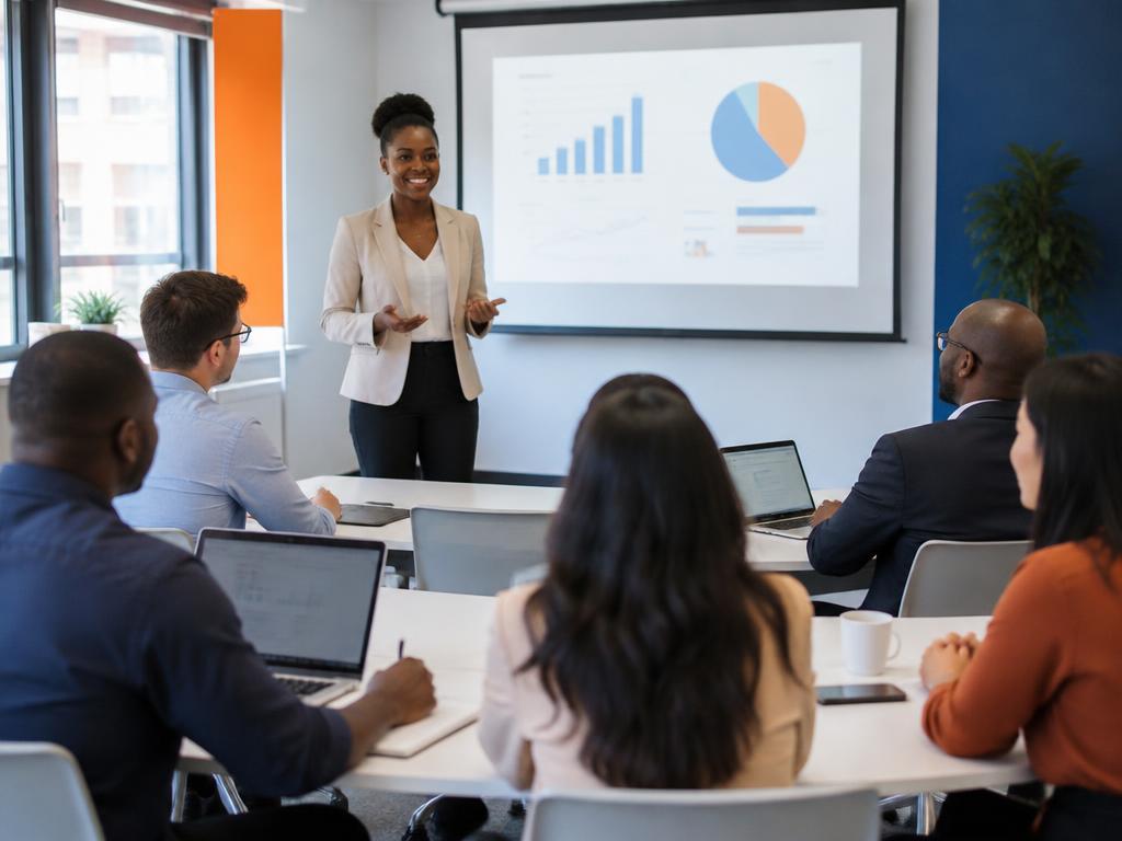 Une formatrice Amosiace présentant devant un groupe de participants avec ordinateurs portables
