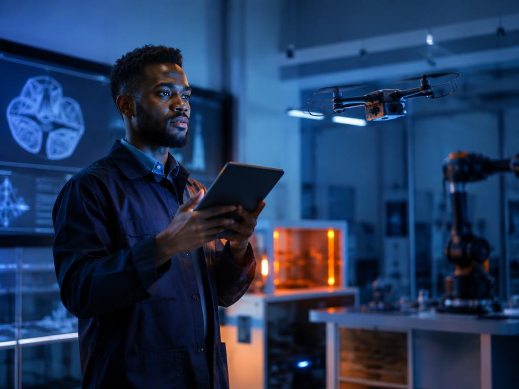 Ingénieur Amosiace pilotant un drone avec une tablette dans un laboratoire d'innovation