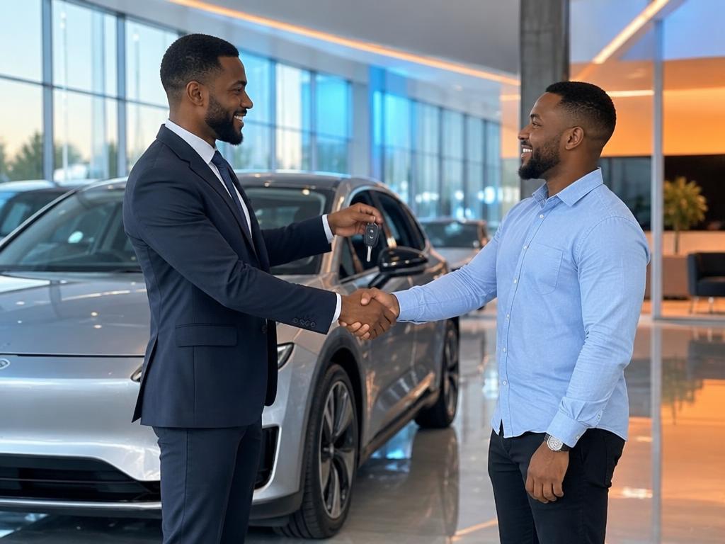 Remise des clés d'un véhicule électrique dans un showroom moderne, deux personnes souriantes